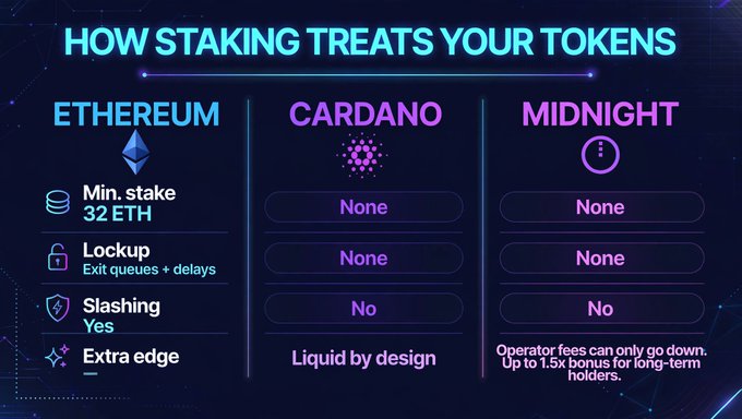 The infographic "How Staking Treats Your Tokens" compares Ethereum, Cardano, and Midnight staking, showing Ethereum requires a 32 ETH minimum stake with lockups and slashing risks, while Cardano and Midnight both offer no minimum, no lockup, and no slashing—with Cardano being liquid by design and Midnight featuring decreasing operator fees and up to 1.5x bonus for long-term holders.