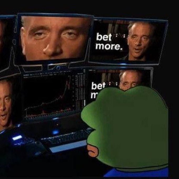 A meme showing the Pepe the Frog character sitting at a computer with multiple monitors displaying 'bet more' alongside what appears to be stock trading charts and Kevin O'Leary's face.