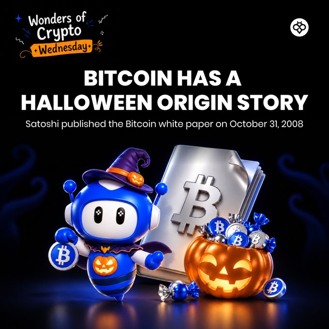 A “Wonders of Crypto Wednesday” Halloween graphic features a Bitcoin robot in a witch costume beside a ₿-marked silver bar and a candy-filled jack-o’-lantern. It highlights the text “BITCOIN HAS A HALLOWEEN ORIGIN STORY” and notes that Satoshi published the Bitcoin white paper on October 31, 2008, matching the post’s playful Bitcoin legacy theme.