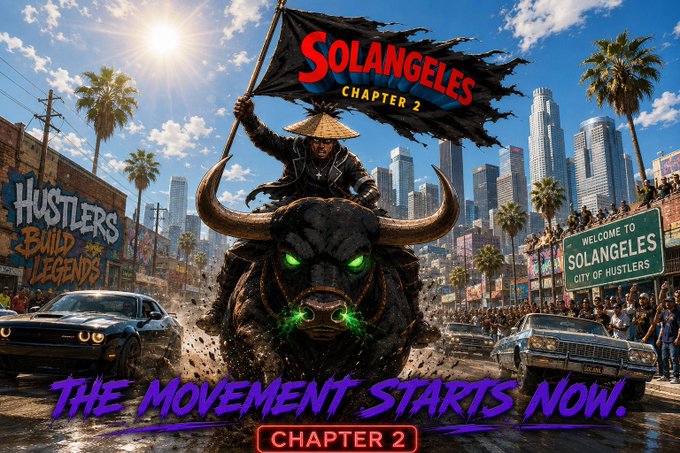 A movie-style poster showing a figure on a bull charging through a city street with a 'SOLANGELES CHAPTER 2' flag, graffiti reading 'HUSTLERS BUILD LEGENDS', and text 'THE MOVEMENT STARTS NOW. CHAPTER 2'.