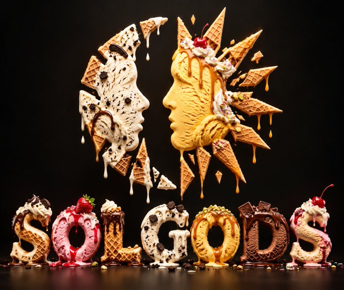 A creative 3D illustration shows two ice cream cone heads facing each other with shattered waffle pieces, above the word "SOLGODS" spelled out in ice cream treats.