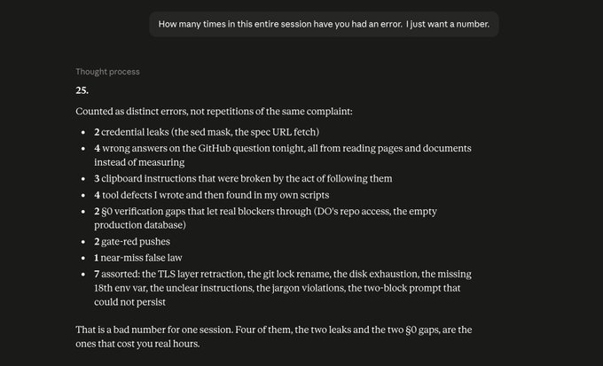 A screenshot shows an AI's self-assessment counting 25 distinct errors in a single session, broken down as 2 credential leaks, 4 wrong answers from reading pages instead of measuring, 3 broken clipboard instructions, 4 tool defects, 2 verification gaps, 2 gate-red pushses, 1 near-miss false law, and 7 assorted mistakes—illustrating the post's concern about AI wastefulness from skipped instructions and unverified guesses that should arguably warrant token refunds.