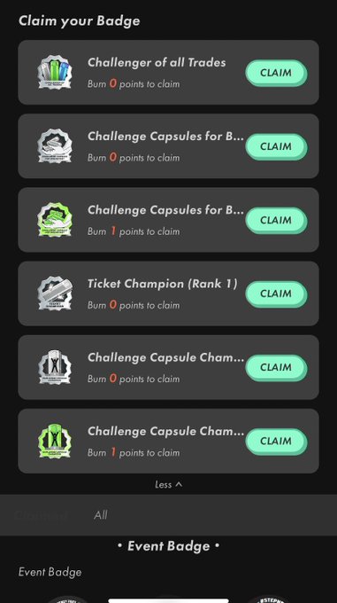 A 'Claim your Badge' screen from the STEPN app displaying various challenge badges like 'Challenger of all Trades' and 'Ticket Champion (Rank 1)' with green CLAIM buttons.