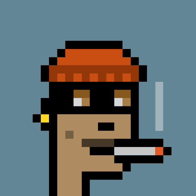 A pixel art portrait of a character with brown skin, a red beanie, a gold earring, and a cigarette in their mouth against a blue background.