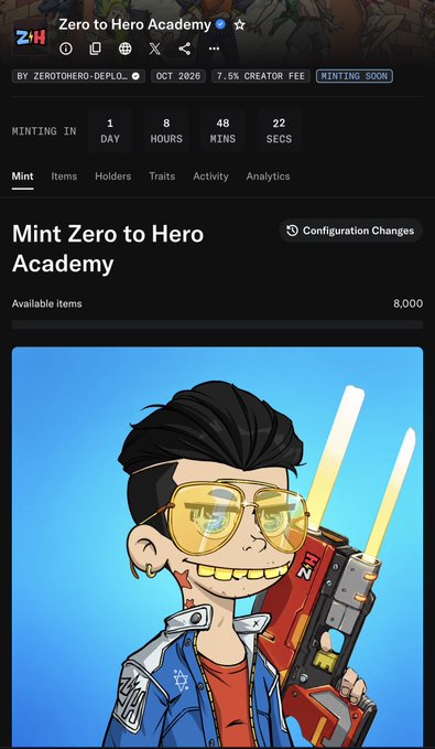 A screenshot of a NFT minting page for 'Zero to Hero Academy' by zerotohero-deployer, scheduled for October 2026 with a 7.5% creator fee, displaying an illustration of a character with yellow sunglasses holding a futuristic weapon.