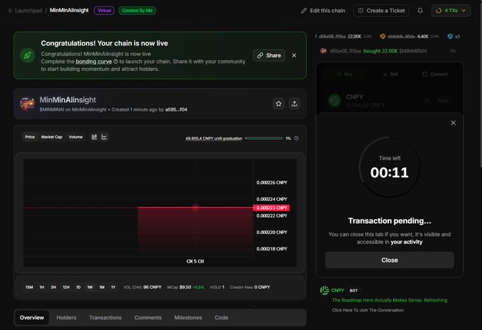 A screenshot of the Launchpad interface showing a new token "MinWinAlinsight" (CNPY) with a live bonding curve nearing 100% graduation and a pending transaction timer at 00:11, illustrating the practical dApp deployment capability enabled by CNPY Network's appchain-focused utility model.