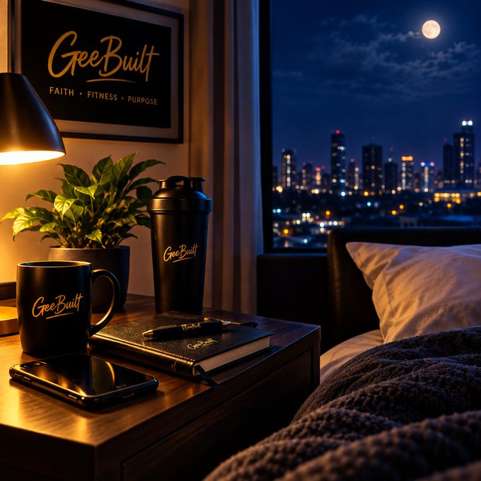 A dimly lit bedroom scene at night showing a bedside table with a 'GeeBuilt' branded mug, shaker bottle, notebook, and phone, with a framed 'GeeBuilt - Faith, Fitness, Purpose' sign on the wall and a city skyline visible through the window.