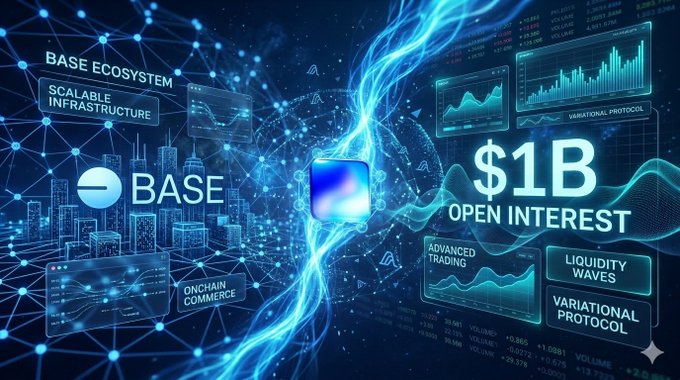 The image features two blue squares side by side, one labeled "Base" and the other "Open Interest", both of which are related to cryptocurrency. The text above them reads "The future of crypto won't be built by isolated ecosystems. It'll be built by infrastructure, liquidity, and scalable networks working together." Below these two squares is a list of terms that describe the current state of the cryptocurrency market: "Baseapp" and "@variational_io".