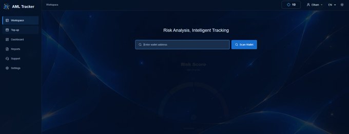 Screenshot of the AML Tracker “Workspace” dashboard, featuring a left navigation menu and the headline “Risk Analysis, Intelligent Tracking” above an address-search field and “Get Verified” button. It illustrates the newly launched crypto wallet risk and AML screening platform at aml4tracker.com.