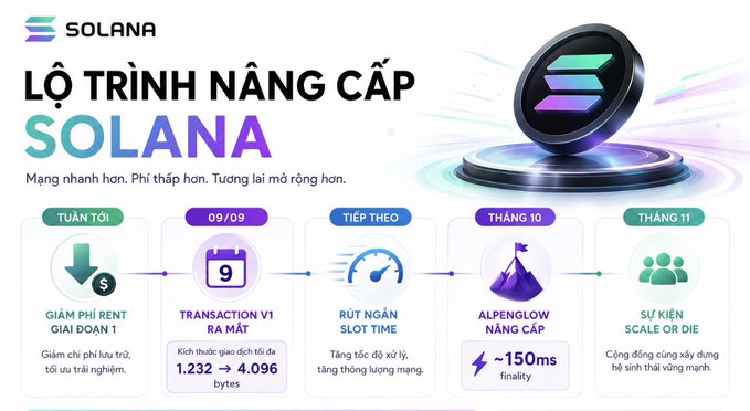 A promotional graphic for Solana detailing an upgrade roadmap in Vietnamese, titled "LỘ TRÌNH NÂNG CẤP SOLANA," outlining milestones including fee reductions, the Alpenglow upgrade with ~150ms finality, and the Scale or Die event.