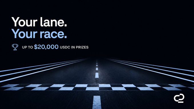 The image features a dark race track leading toward the horizon with the text "Your lane. Your race." and "UP TO $20,000 USDC IN PRIZES," along with an "o2" logo in the corner. This visually reinforces the post's message about an o2 trading competition with tiered access, framing participation as a personal race where every trader gets their own starting line and can compete for up to $20,000 USDC in prizes.