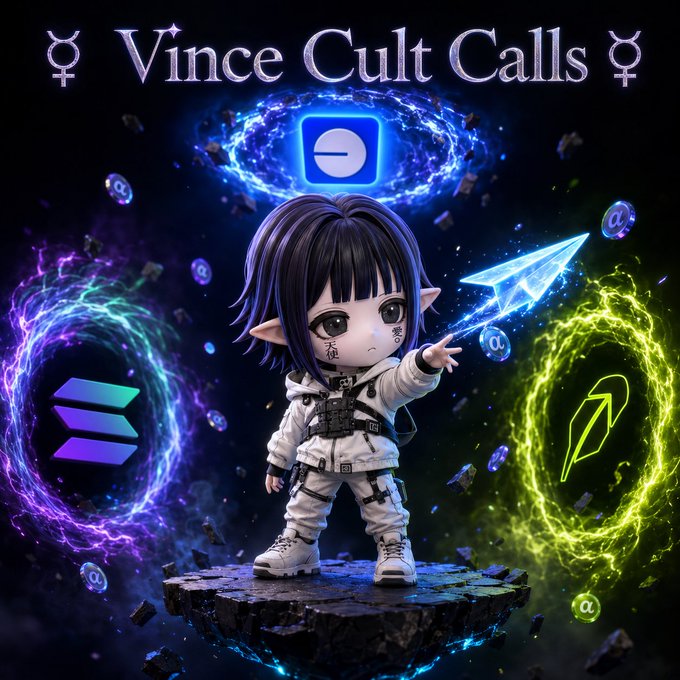 A digital artwork titled 'Vince Cult Calls' featuring a chibi-style character in a white outfit standing on a floating rock, surrounded by glowing portals containing the Phantom (Solana) and Solana logos, with crypto coin symbols scattered around.