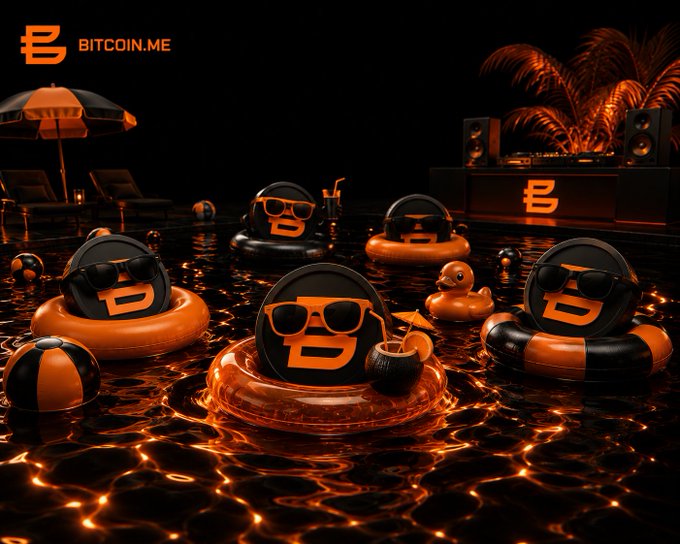 A 3D-rendered promotional image for BITCOIN.ME featuring orange and black Bitcoin logo pool floats and rubber ducks floating in a pool at night.