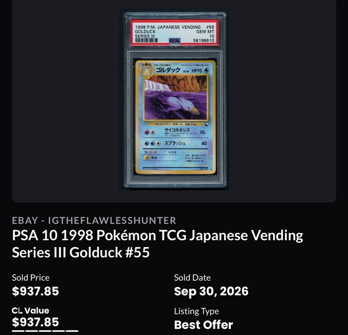 An eBay listing screenshot for a PSA 10 graded 1998 Pokémon Japanese Vending Series III Golduck #55 card, sold for $937.85 on Sep 30, 2026, by seller '1GTHEFLAWLESSHUNTER' via Best Offer.