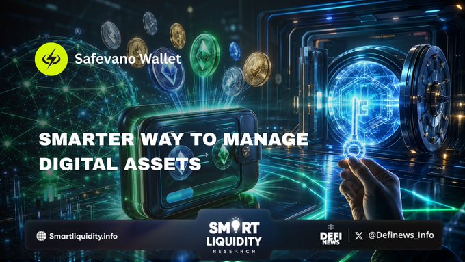 The image is a promotional graphic for "Safevano Wallet," featuring a futuristic digital scene with floating cryptocurrency coins (including Ethereum and Bitcoin), a smartphone displaying the wallet interface, and a hand reaching toward a high-tech vault door symbolizing secure key ownership. Text reads "SMARTER WAY TO MANAGE DIGITAL ASSETS," with branding for Smart Liquidity Research, Smartliquidity.info, DeFi News, and @Definews_Info. The visuals reinforce the post's message about Safevano being a non-custodial wallet that gives users complete control over their private keys and digital assets.
