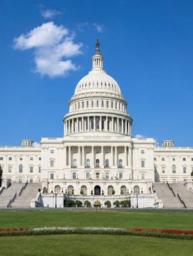 The image features a large white building with columns and a dome, which appears to be the U.S. Capitol Building in Washington D.C. The sky above the building has some clouds, suggesting that it might be a slightly overcast day. In the foreground of the photo, there is a grassy area with flowers, adding color and life to the scene. The image also contains text about the crypto market regulation bill passing through Congress and its potential impact on institutional adoption in the financial industry.