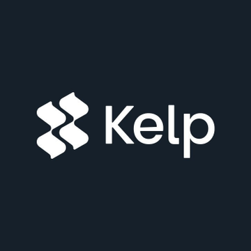 A dark blue logo featuring a stylized geometric symbol next to the word 'Kelp' in white text.