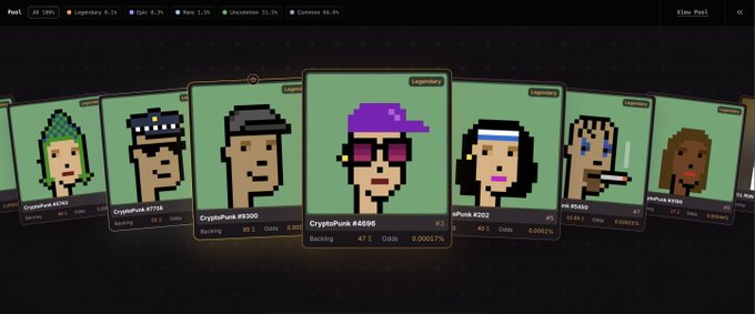 A screenshot of a CryptoPunks NFT collection shows pixel-art avatars, with CryptoPunk #6596 (purple hat, sunglasses) featured prominently in the center.
