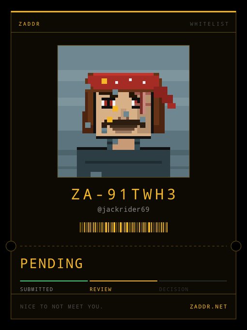A ZADDR whitelist application screen displays a pixel art avatar of a character with a red bandana, the code 'ZA-91TWH3', username '@jackrider69', and a 'PENDING' status with the tagline 'NICE TO NOT MEET YOU.'