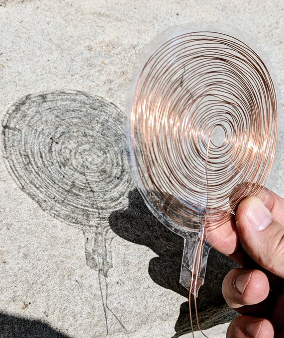A person holds a clear hand spinner with concentric copper-colored rings, creating a web-like pattern against the pavement. This illustrates the post’s “Spinng webs” concept as the spinner’s circular shape resembles a web.