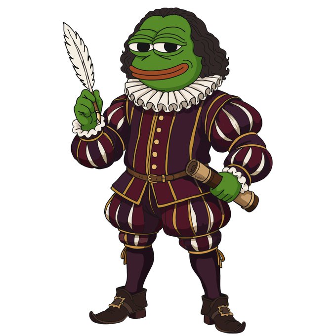 An illustration of Pepe the Frog dressed in a Renaissance-era purple and gold outfit, holding a feather quill and a scroll.