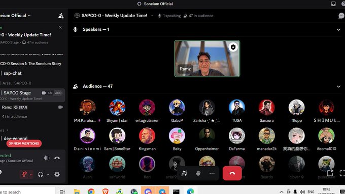A screenshot of a Discord "Soneium Official" voice channel event called "SAPCO-0 - Weekly Update Time!" with 1 speaker ("Ramz") and 47 audience members shown as avatar circles.