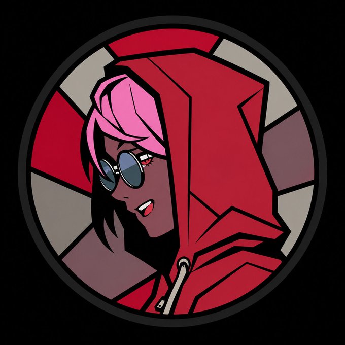A circular cartoon logo featuring a character with pink hair, round sunglasses, and a red hooded jacket against a segmented red, white, and gray background.