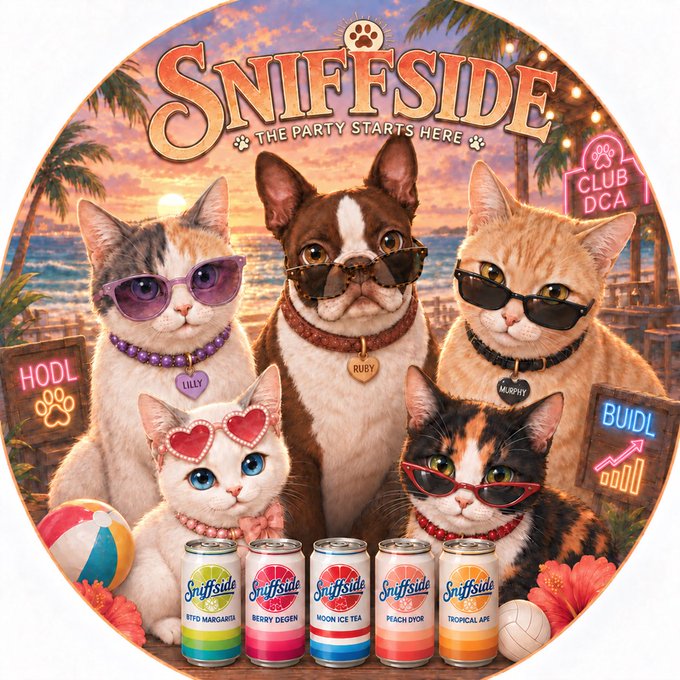 Colorful circular advertisement for Sniffside beverages, showing five stylish cats wearing sunglasses against a sunset beach backdrop, with cans of flavors including KETO MARGARITA, BERRY DEGEN, MOON ICE TEA, PEACH D'OR, and TROPICAL APE displayed below.