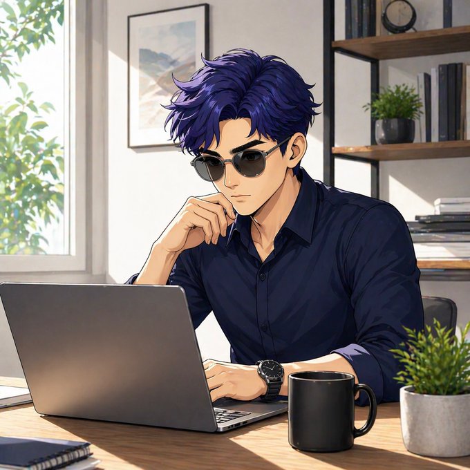 An anime-style illustration of a purple-haired man wearing sunglasses and a dark blue shirt, working on a laptop at a desk beside a window.