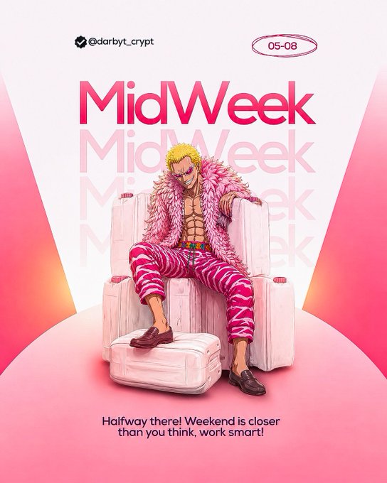 An illustrated graphic featuring a character in pink and zebra-print clothing sitting on a white armchair, with the text "@darbyt_crypt", "05-08", "MidWeek" repeated, and the caption "Halfway there! Weekend is closer than you think, work smart!"
