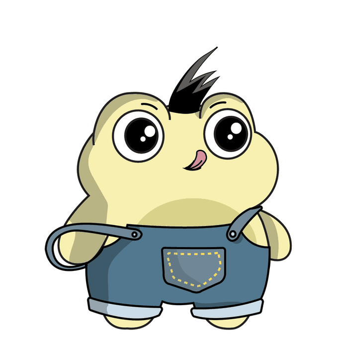 A cartoon illustration of a chubby, yellow-green character with large eyes, a small tuft of black hair, and blue overalls with a front pocket.