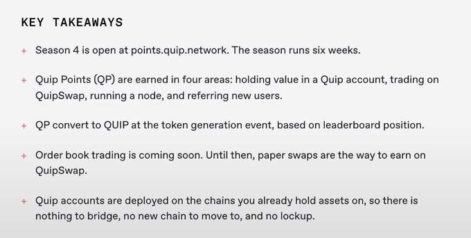A 'KEY TAKEAWAYS' slide listing five points about Season 4 of Quip points.quip.network, covering earning Quip Points (QP) through holding, trading on QuipSwap, running nodes, and referrals, with QP converting to QUIP tokens.
