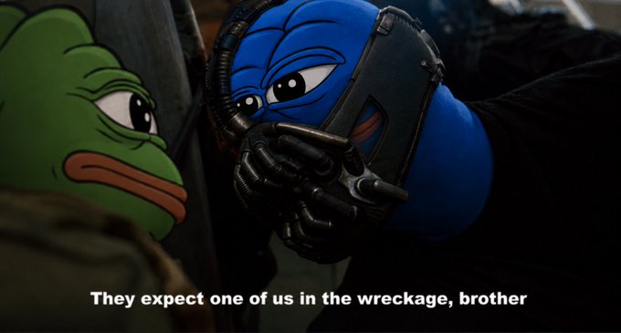 A humorous edited image combining Kermit the Frog with a blue-armored character (resembling Killmonger from Black Panther), captioned 'They expect one of us in the wreckage, brother.'