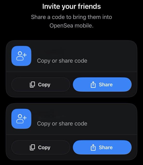 OpenSea mobile referral screen titled 'Invite your friends,' offering two slots to copy or share referral codes to bring friends onto the platform.