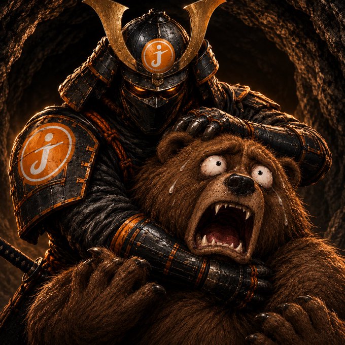 A samurai warrior in dark, ornate armor bearing the orange "J" Jasmy logo grips a terrified, sweating bear by the head in a dark cave. The image visually represents the post's message of #JASMY overpowering bearish forces, symbolizing the coin's dominance over the struggling crypto market.