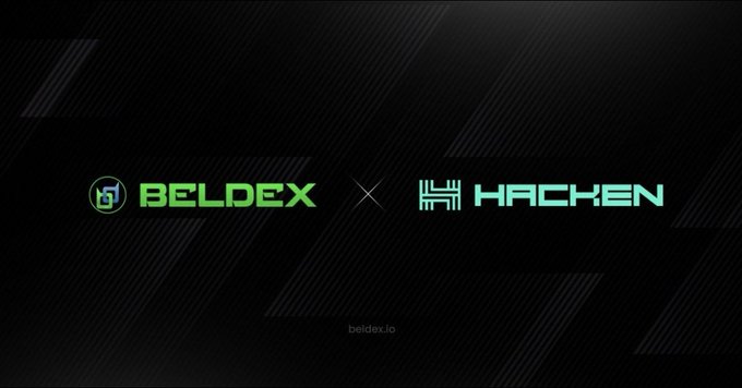 A dark promotional graphic announcing a partnership between "BELDEX" and "HACKEN" with their respective logos displayed against a black background.