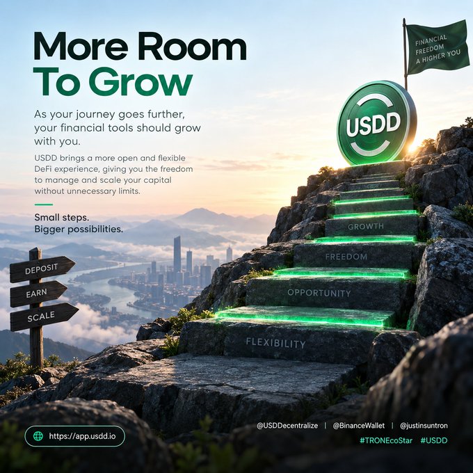 USDD cryptocurrency advertisement titled 'More Room To Grow' showing glowing green stairs labeled Flexibility, Opportunity, Freedom, and Growth leading up to a USDD coin, with hashtags #TRONEcoStar and #USDD.