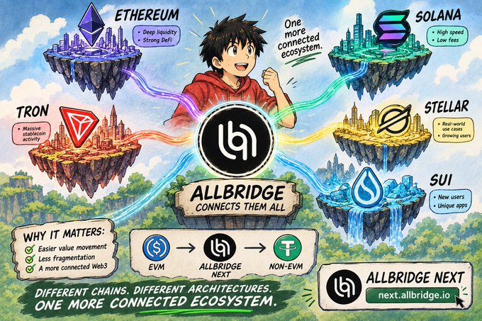 Illustrated promotional graphic for 'ALLBRIDGE NEXT' showing the character connecting multiple blockchain ecosystems including Ethereum, Solana, Tron, Stellar, and Sui, with the tagline 'DIFFERENT CHAINS. DIFFERENT ARCHITECTURES. ONE MORE CONNECTED ECOSYSTEM.'