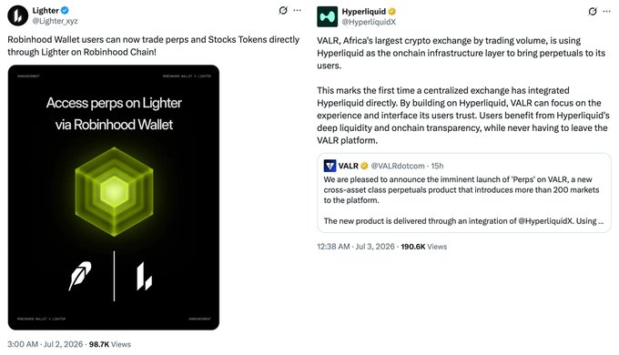 This image features announcements from Lighter and Hyperliquid, detailing integrations with Robinhood Chain and VALR, respectively, to offer perpetual trading. The Lighter announcement, dated July 2, 2026, shows its logo alongside Robinhood's.