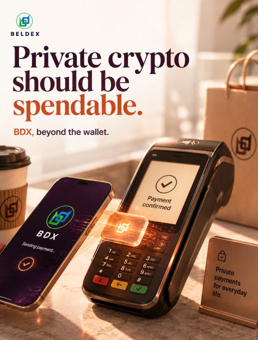 A Beldex (BDX) cryptocurrency advertisement with the tagline 'Private crypto should be spendable,' showing a smartphone and POS terminal with 'Payment confirmed' on screen.