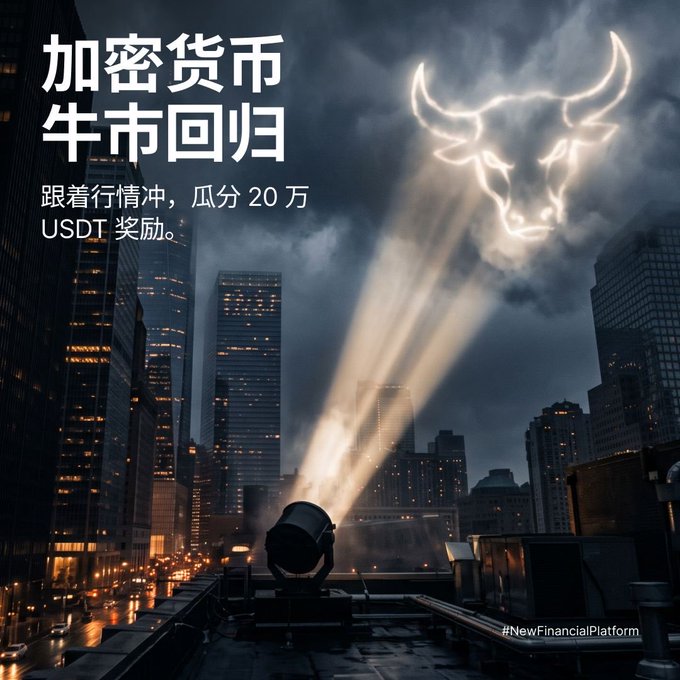 A promotional image featuring Chinese text '加密货币 牛市回归 跟着行情冲，瓜分 20 万 USDT 奖励。' and '#NewFinancialPlatform' showing a glowing bull head in the clouds projecting light beams over a city skyline.