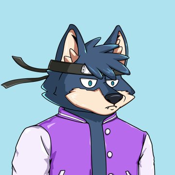 The image features a cartoon dog wearing a purple jacket and a black bandana around its neck. The dog appears to be wearing a school uniform or jacket with a white collar, giving it an appearance similar to that of a student. The background is blue, which contrasts nicely with the dog's attire. There are no other objects in the image besides the cartoon dog and the blue background.