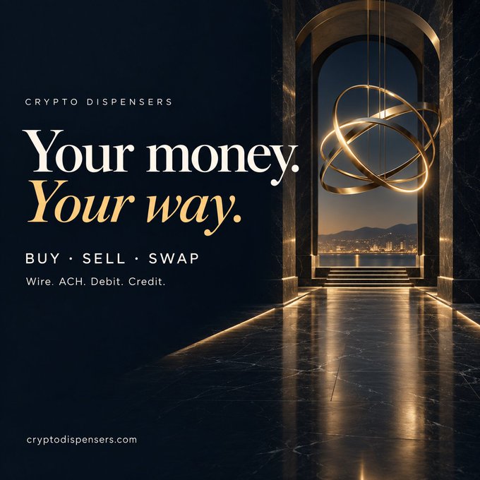 An advertisement for 'Crypto Dispensers' featuring the tagline 'Your money. Your way.' and services 'Buy • Sell • Swap' with payment options 'Wire. ACH. Debit. Credit.' at cryptodispensers.com.