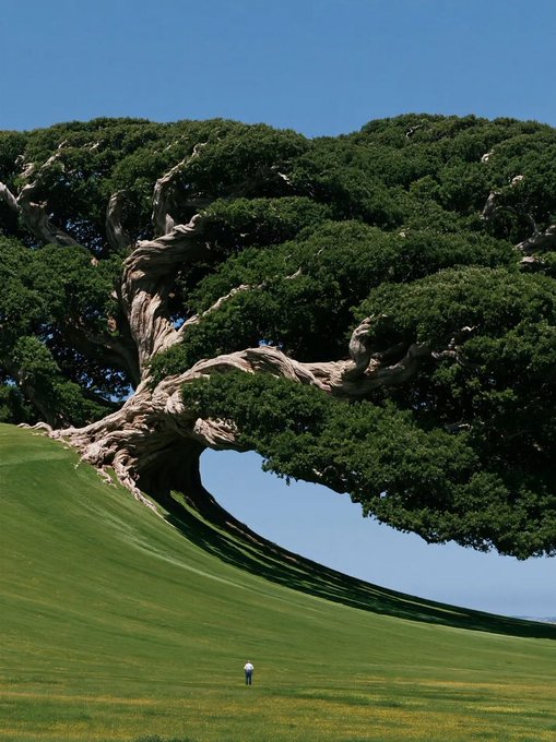 A scenic landscape featuring a very large, sprawling, weathered tree with an expansive canopy, dwarfing a lone person standing on the green grass beneath it under a clear blue sky.