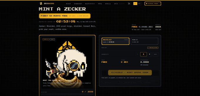 A Zeckers NFT minting page shows 'MINT A ZECKER' with a countdown of 02:53:08, displaying a pixel art character NFT with stats and a 'ELIGIBLE. MINT OPENS SOON' button.