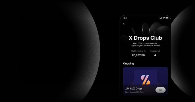 A smartphone screen displays the "X Drops Club" interface with an eligible holdings value of €5,782.56, 4 drops joined, and an ongoing "1M $LX Drop" with a join button.