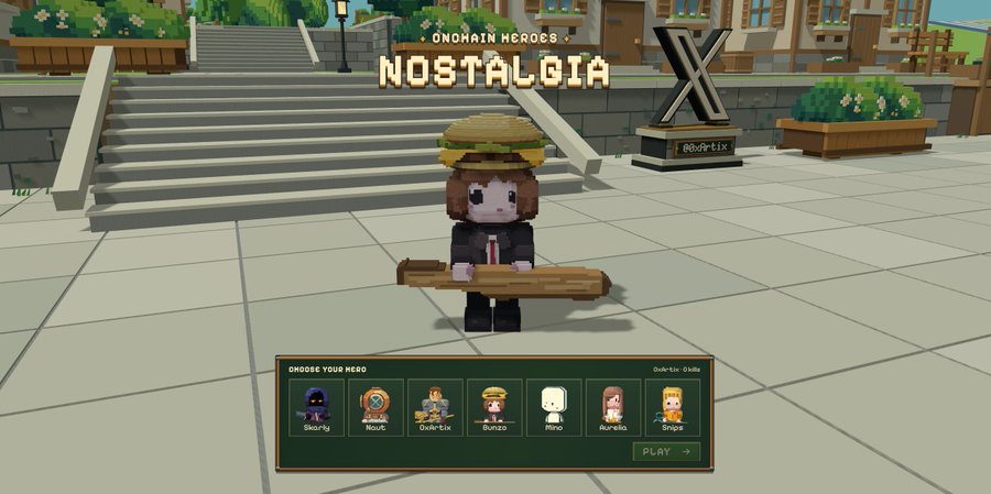 A screenshot from the 'Onchain Heroes Nostalgia X' game by 0x0vt1x, showing a voxel-style character holding a wooden plank with a hero selection menu at the bottom.