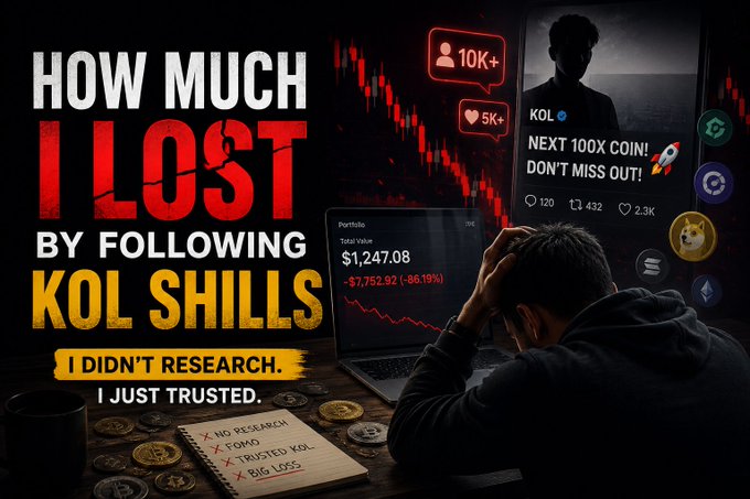 A dramatic YouTube-style thumbnail titled 'HOW MUCH I LOST BY FOLLOWING KOL SHILLS - I DIDN'T RESEARCH. I JUST TRUSTED.' showing a person with their head in their hands before a laptop displaying a portfolio loss of -$7,752.92 (-86.19%) and a KOL promoting 'NEXT 100X COIN!'.