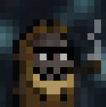 A low-resolution pixel art image depicts a hooded figure with glowing white eyes and a beard, holding a staff in a dark blue environment.