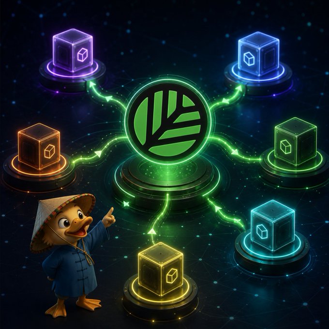 The image features a cartoon duck wearing a conical hat and traditional Asian clothing, pointing toward a central glowing green leaf logo surrounded by six colorful cubes (purple, blue, orange, green, cyan, and yellow) connected by neon pathways on a starry dark background.

The illustration visually represents the post's concept of cross-chain connectivity: the duck serves as a guide pointing to a central hub (the leaf logo) that links multiple distinct blockchain cubes, symbolizing how @CNPYNetwork acts as a unified validator or governance layer that enables permissionless, seamless communication across many separate chains without requiring manual coordination as each chain evolves independently.